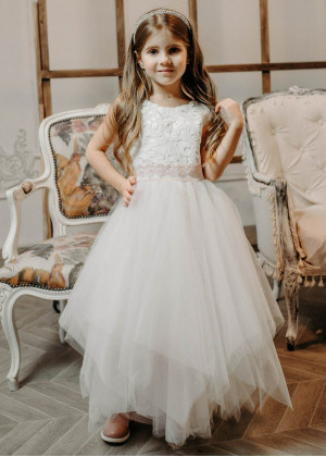 Ivory Lace Tulle Handkerchief Hem Flower Girl Dress